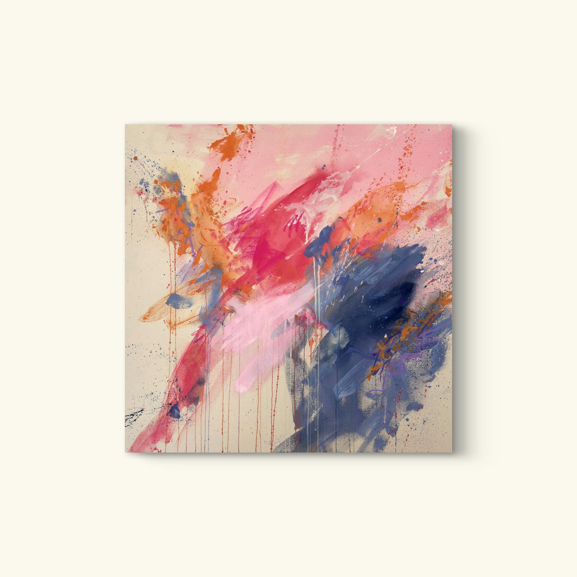 your sun your spirit - modernes abstraktes Gemälde mit fließenden blauen und roten Farbakzenten